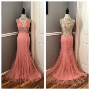 NEW PANOPLY SZ 4 PEACH NUDE ILLUSION BEADED SHIMMER TULLE FORMAL EVENING GOWN